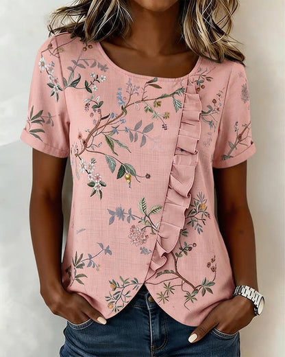 BLUSA CUELLO REDONDO MANGA CORTA CON VOLANTES FLORAL