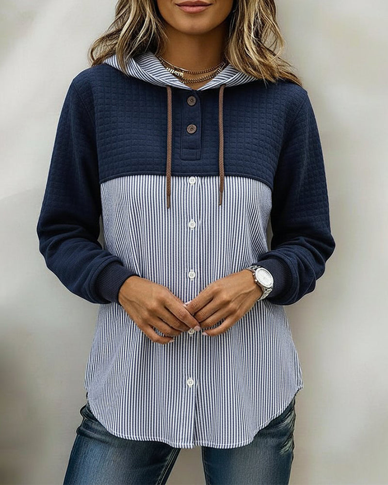 CAMISA ABOTONADA CON CAPUCHA RAYAS VERTICALES PATCHWORK