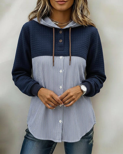 CAMISA ABOTONADA CON CAPUCHA RAYAS VERTICALES PATCHWORK