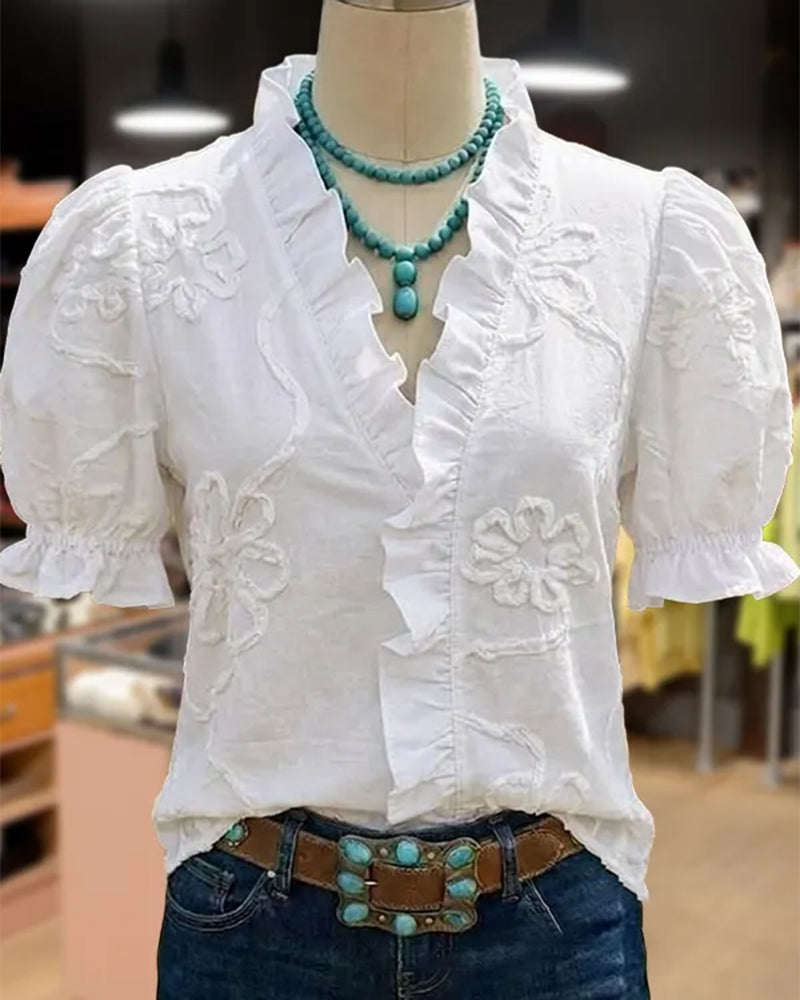 BLUSA CUELLO DE V BORDE CON VOLANTES MANGA ABULLONADA