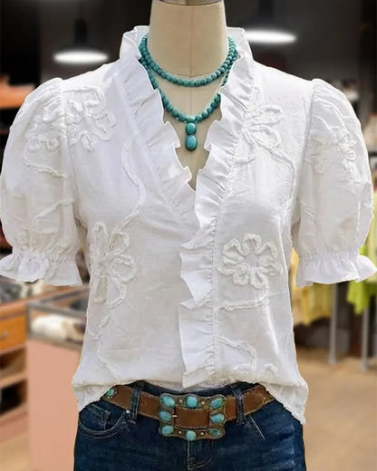 BLUSA CUELLO DE V BORDE CON VOLANTES MANGA ABULLONADA