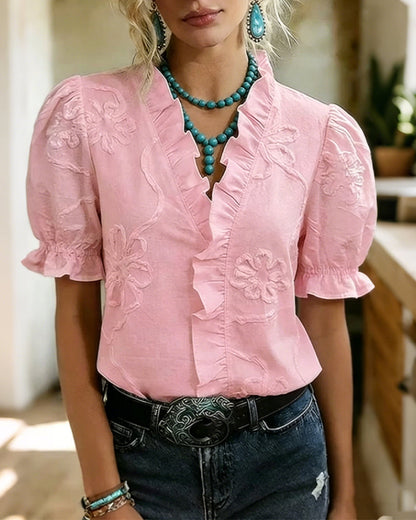 BLUSA CUELLO DE V BORDE CON VOLANTES MANGA ABULLONADA