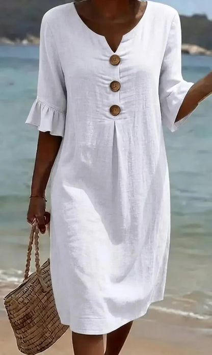 MONICA | VESTIDO ABOTONADO EFECTO LINO CON MANGAS ABULLONADAS