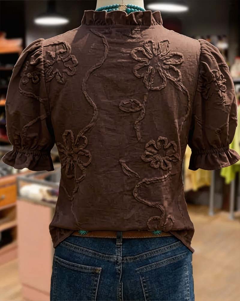BLUSA CUELLO DE V BORDE CON VOLANTES MANGA ABULLONADA