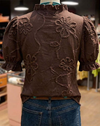 BLUSA CUELLO DE V BORDE CON VOLANTES MANGA ABULLONADA