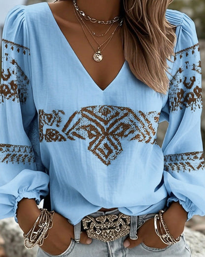 TOP BOHEMIO CUELLO DE V MANGA ABULLONADA