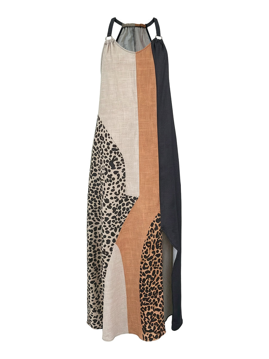 LUCIA | VESTIDO LARGO HALTER CON ESTAMPADO DE LEOPARDO Y DETALLES ASIMÉTRICOS