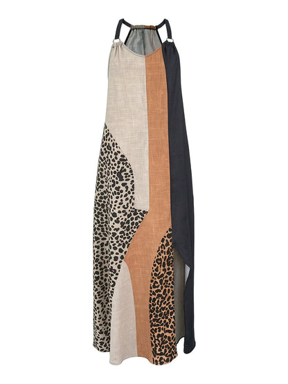 LUCIA | VESTIDO LARGO HALTER CON ESTAMPADO DE LEOPARDO Y DETALLES ASIMÉTRICOS