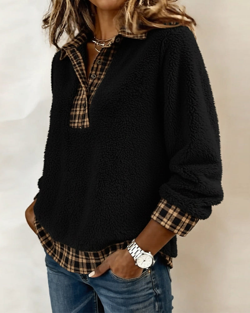 TOP CUELLO CON CUADROS PATCHWORK COLOR LISO