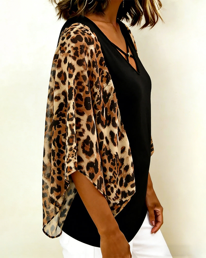 BLUSA MANGA MURCIÉLAGO ESTAMPADO DE LEOPARDO PATCHWORK