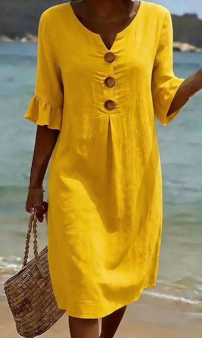 MONICA | VESTIDO ABOTONADO EFECTO LINO CON MANGAS ABULLONADAS