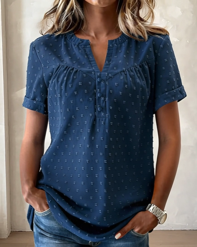 BLUSA JACQUARD CUELLO DE V MEDIO-TAPETA MANGA CORTA