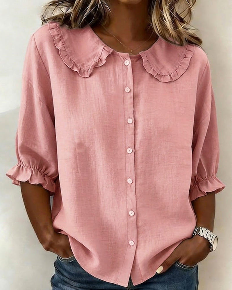 CAMISA CUELLO PETER PAN VOLANTE ALGODÓN Y LINO BOTONES DELANTEROS