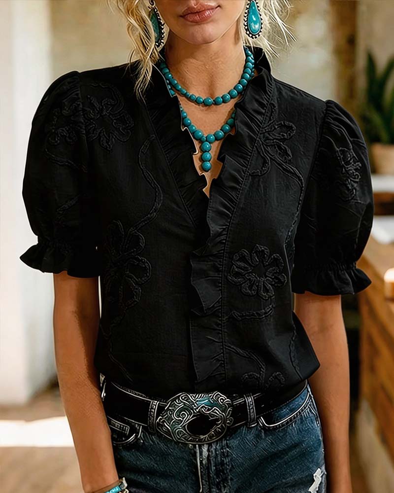 BLUSA CUELLO DE V BORDE CON VOLANTES MANGA ABULLONADA