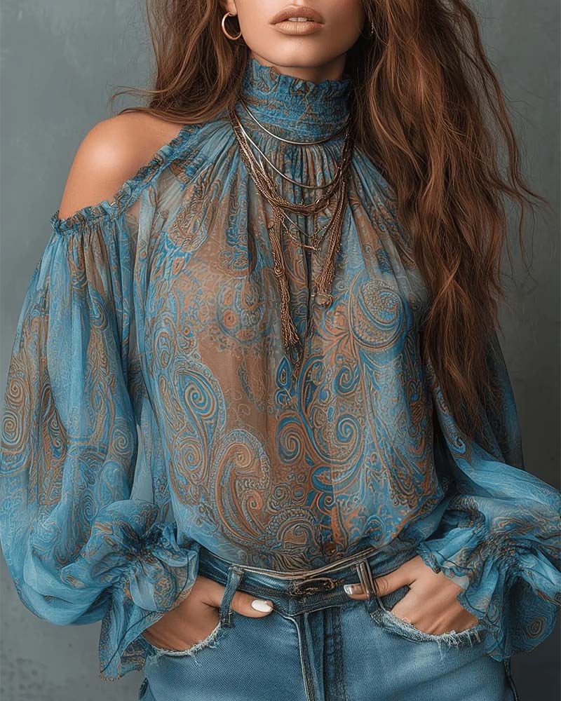 BLUSA ESTAMPADA HOMBROS DESCUBIERTOS CUELLO MANDARÍN