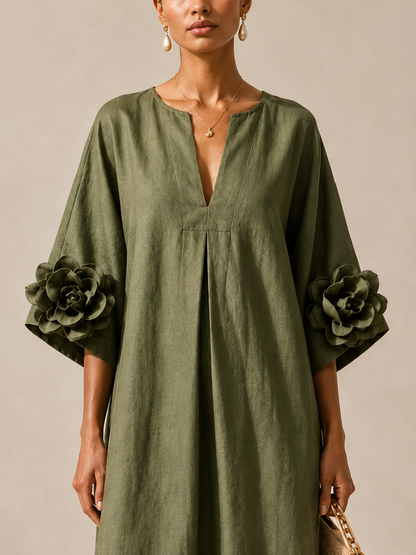 VESTIDO  VERDE OLIVA CON ESCOTE EN V Y MANGAS FLORALES LLAMATIVAS