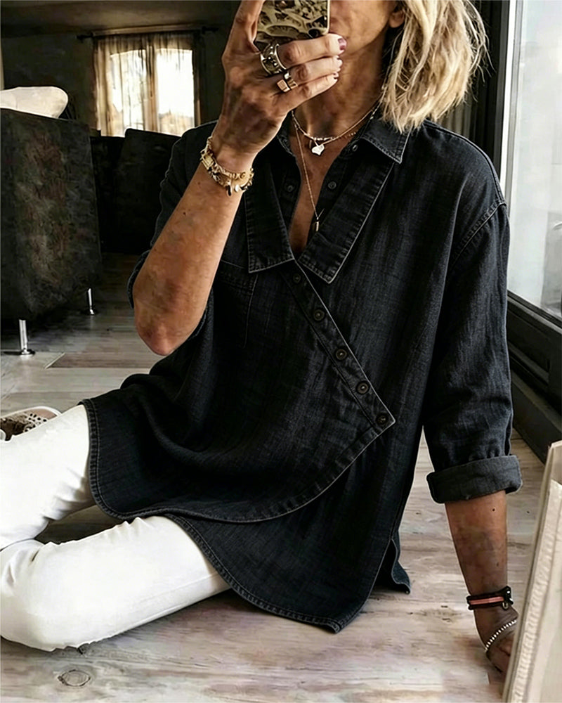 BLUSA LISA BOTÓN DIAGONAL CUELLO MANGA LARGA