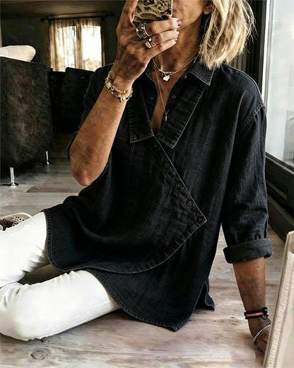 BLUSA LISA BOTÓN DIAGONAL CUELLO MANGA LARGA