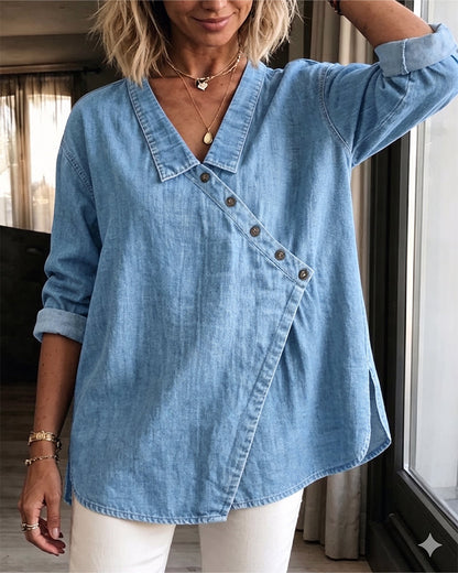 BLUSA LISA BOTÓN DIAGONAL CUELLO MANGA LARGA
