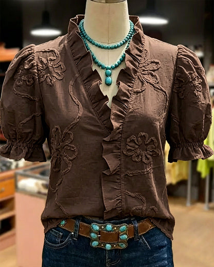BLUSA CUELLO DE V BORDE CON VOLANTES MANGA ABULLONADA