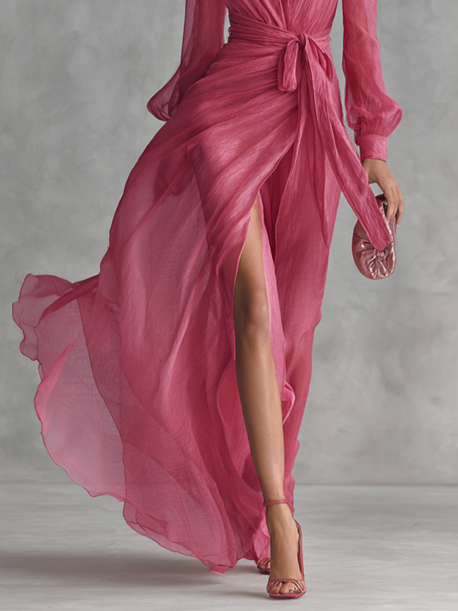 MAYLIS | VESTIDO LARGO DE GASA ROSA CON CUELLO EN V