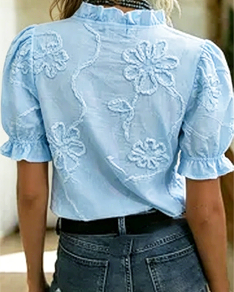 BLUSA CUELLO DE V BORDE CON VOLANTES MANGA ABULLONADA