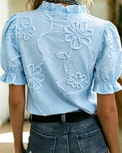 BLUSA CUELLO DE V BORDE CON VOLANTES MANGA ABULLONADA