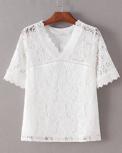BLUSA LISO MANGA CORTA DE ENCAJE