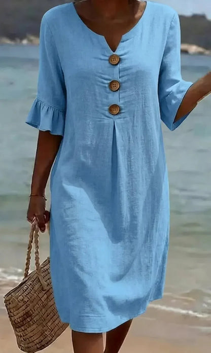 MONICA | VESTIDO ABOTONADO EFECTO LINO CON MANGAS ABULLONADAS