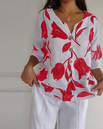 TOP ABOTONADO DE ALGODÓN Y LINO ESTAMPADO FLORAL