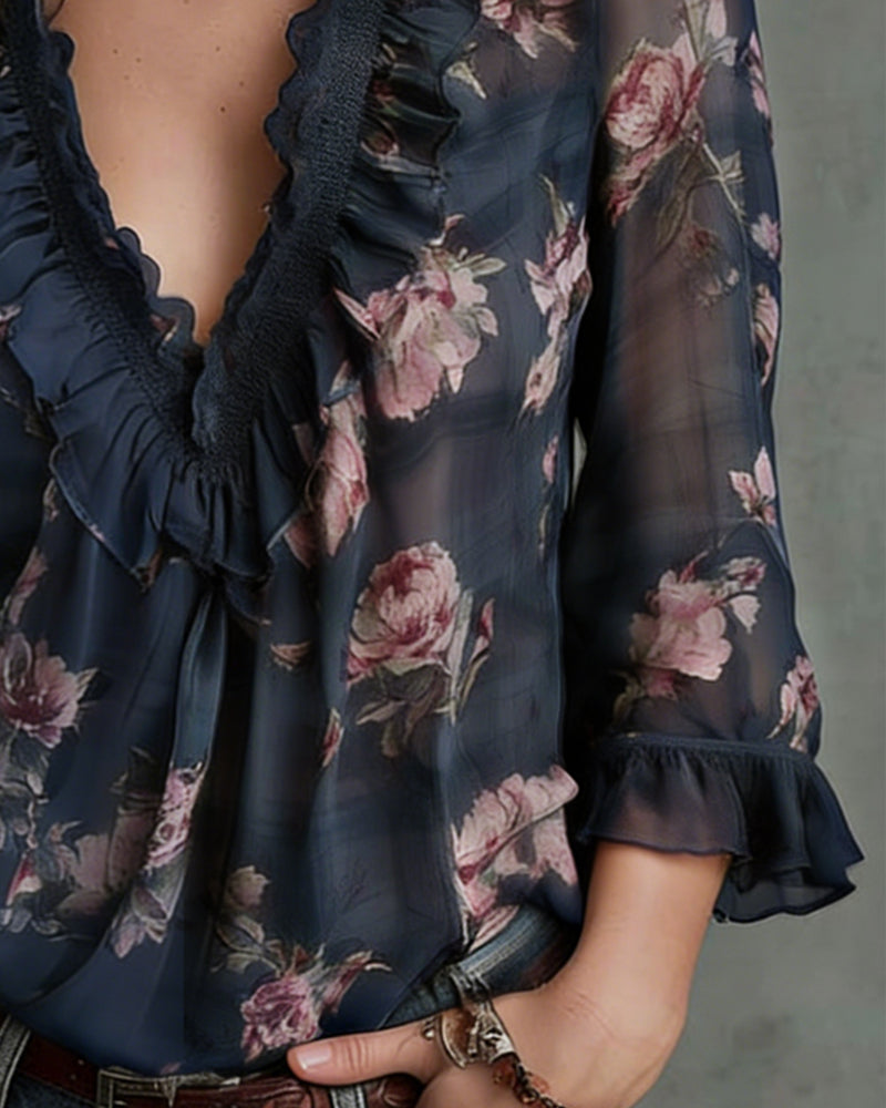 BLUSA FLORAL CUELLO DE V FRUNCIDO