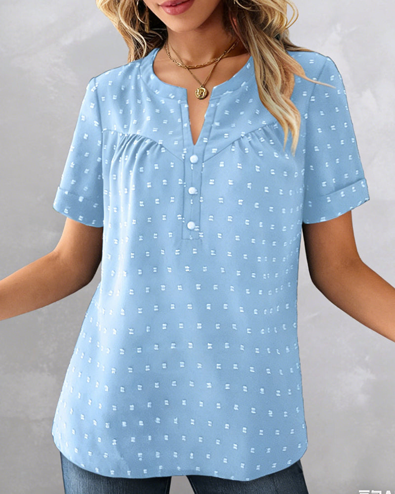 BLUSA JACQUARD CUELLO DE V MEDIO-TAPETA MANGA CORTA