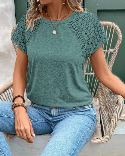 CAMISETA LISO COLOR CALADO CUELLO REDONDO AJUSTADO