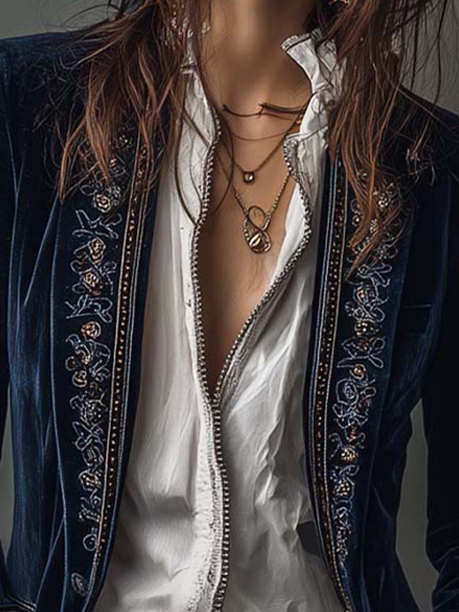ATHÉNAÏS | CHAQUETA LARGA VINTAGE BORDADA EN AZUL MARINO
