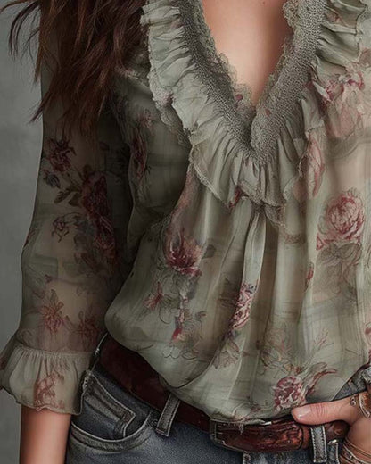 BLUSA FLORAL CUELLO DE V FRUNCIDO