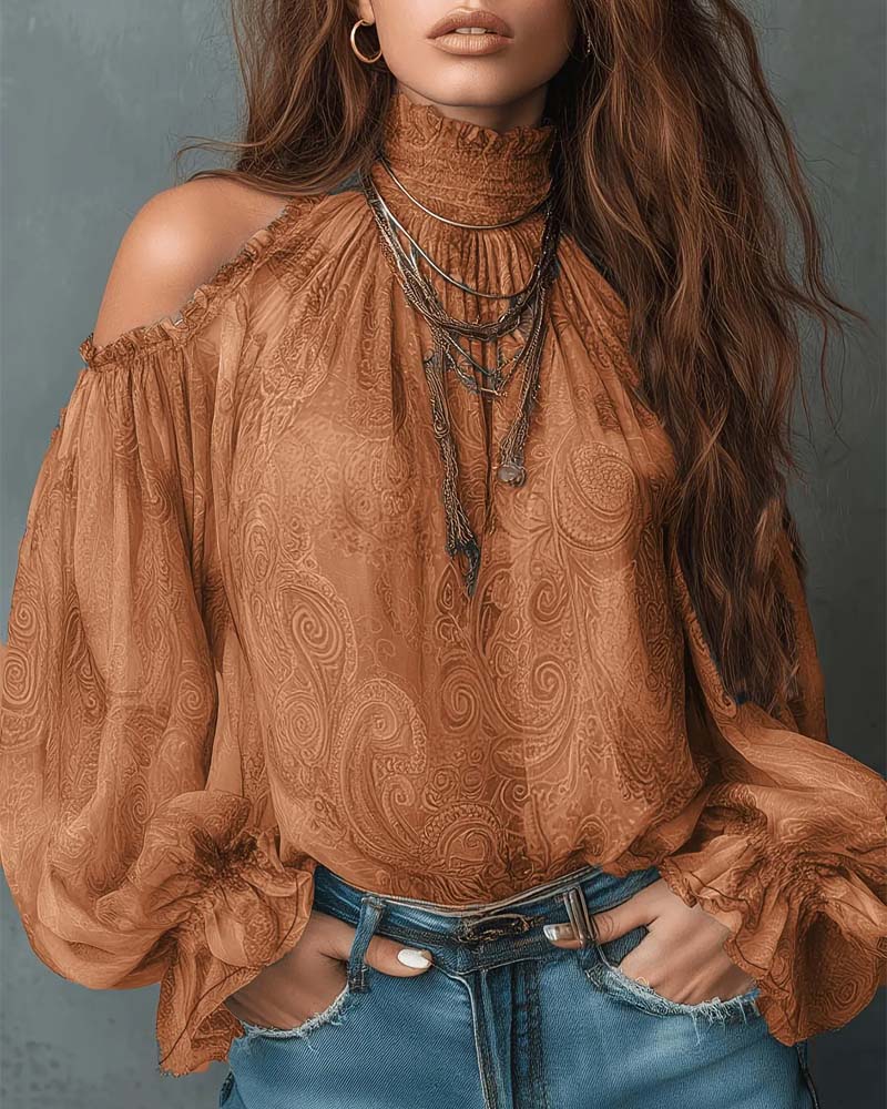 BLUSA ESTAMPADA HOMBROS DESCUBIERTOS CUELLO MANDARÍN