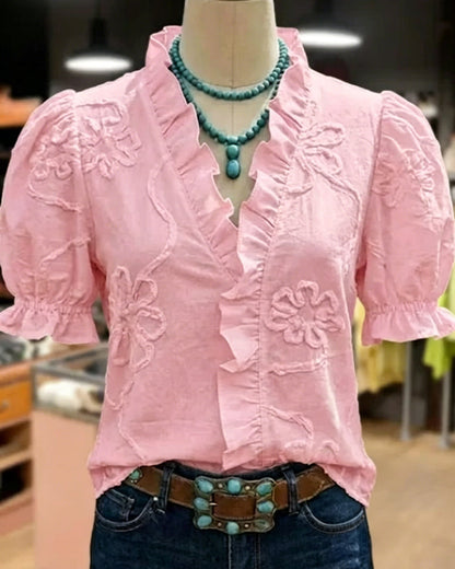 BLUSA CUELLO DE V BORDE CON VOLANTES MANGA ABULLONADA