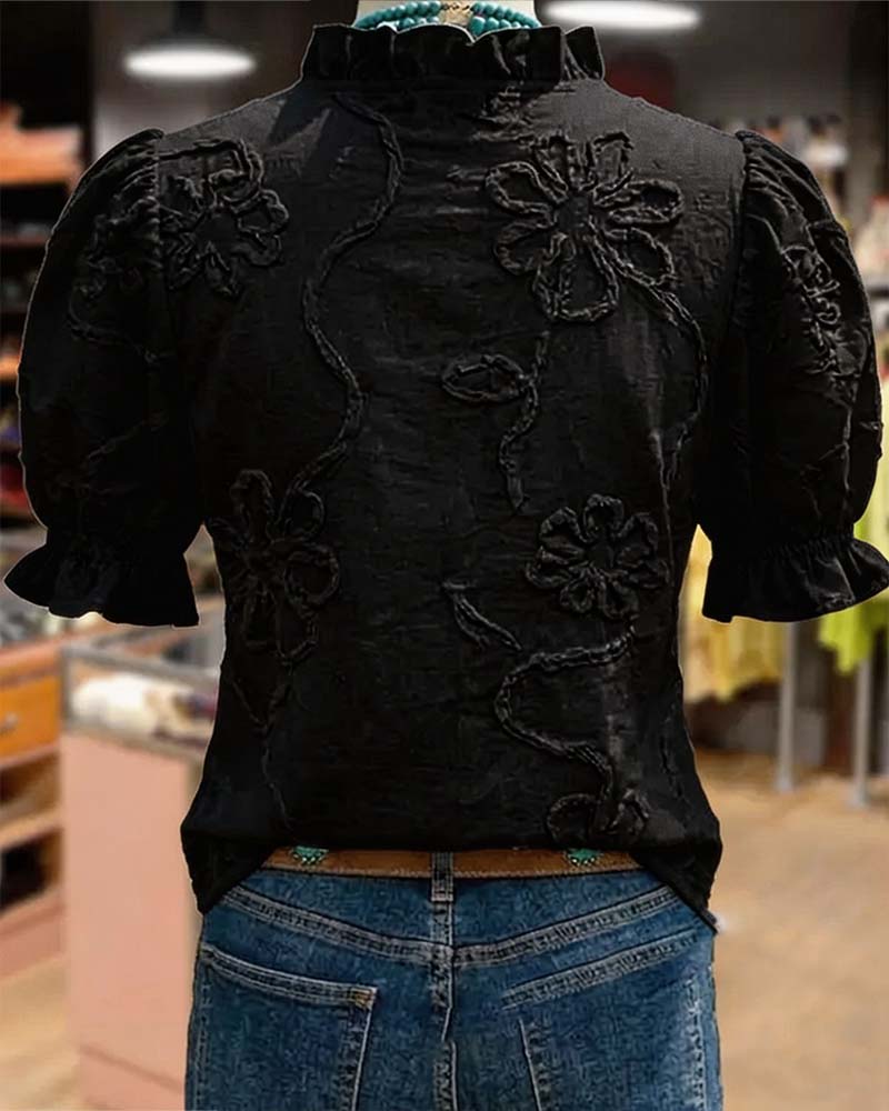 BLUSA CUELLO DE V BORDE CON VOLANTES MANGA ABULLONADA