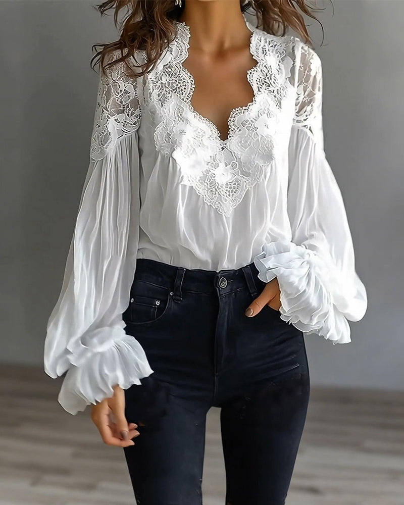 BLUSA ENCAJE PATCHWORK CUELLO DE V