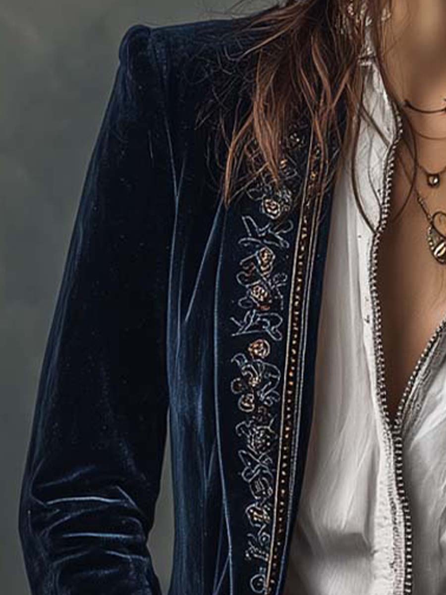 ATHÉNAÏS | CHAQUETA LARGA VINTAGE BORDADA EN AZUL MARINO