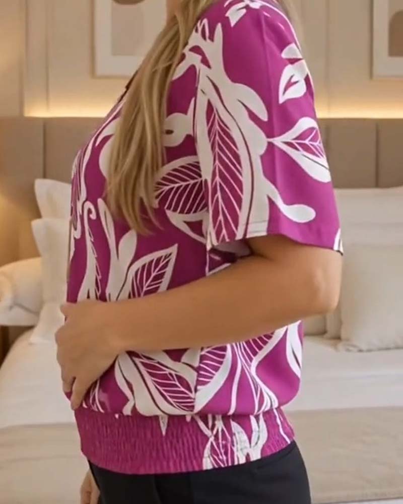 BLUSA ESTAMPADO FLORAL BAJO ELÁSTICO MANGA CORTA