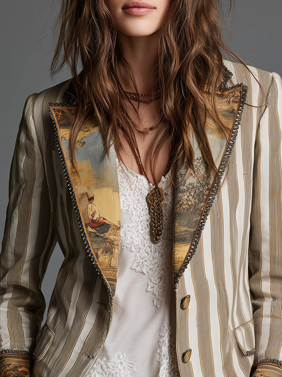SUZANNE | BLAZER BOHEMIO DE RAYAS CON CUELLO ESTAMPADO
