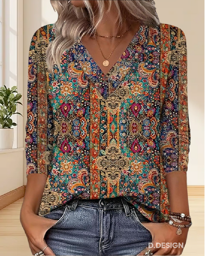 BLUSA RETRO ESTAMPADO ESCOTE DE V