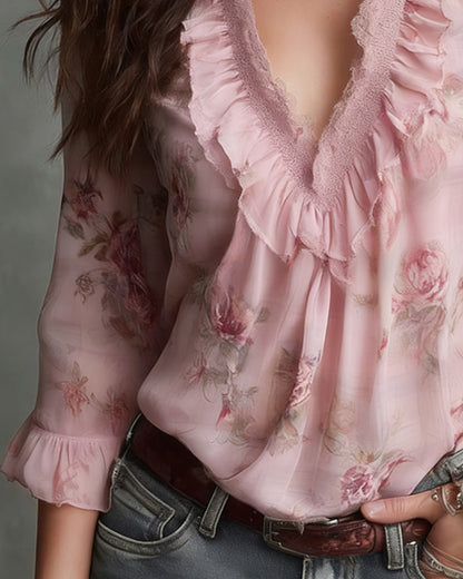 BLUSA FLORAL CUELLO DE V FRUNCIDO