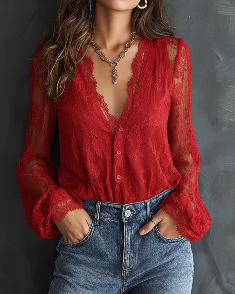 BLUSA CON MANGA LARGA DE ENCAJE CON CUELLO DE V