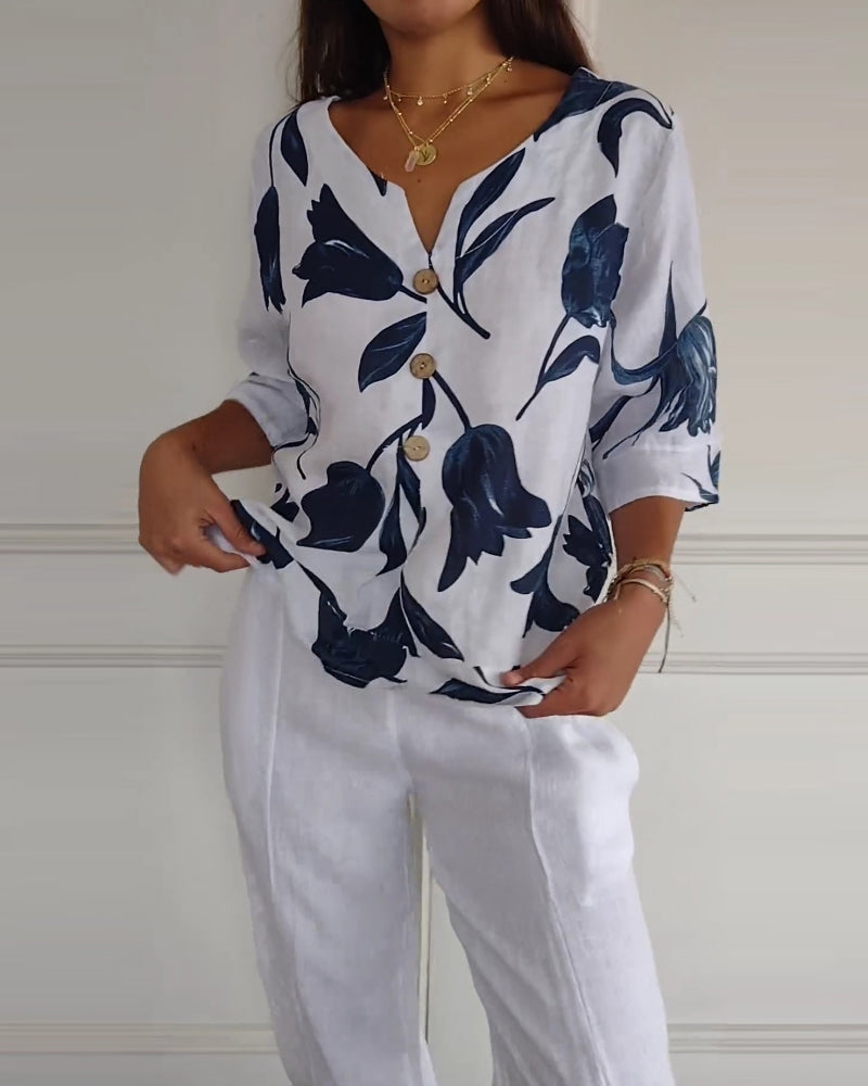 TOP ABOTONADO DE ALGODÓN Y LINO ESTAMPADO FLORAL