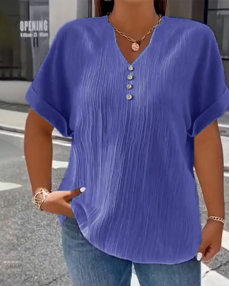 100% ALGODÓN CAMISETA CUELLO DE V ANCHO TEXTURIZADO