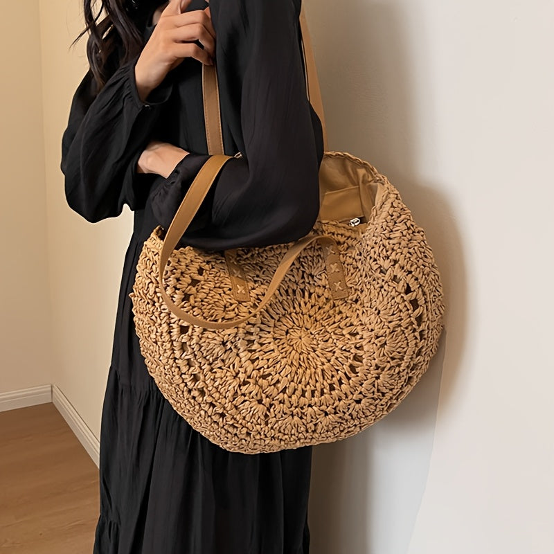 LOLA | BOLSO REDONDO DE PAJA TRENZADA CON DISEÑO — COÑAC