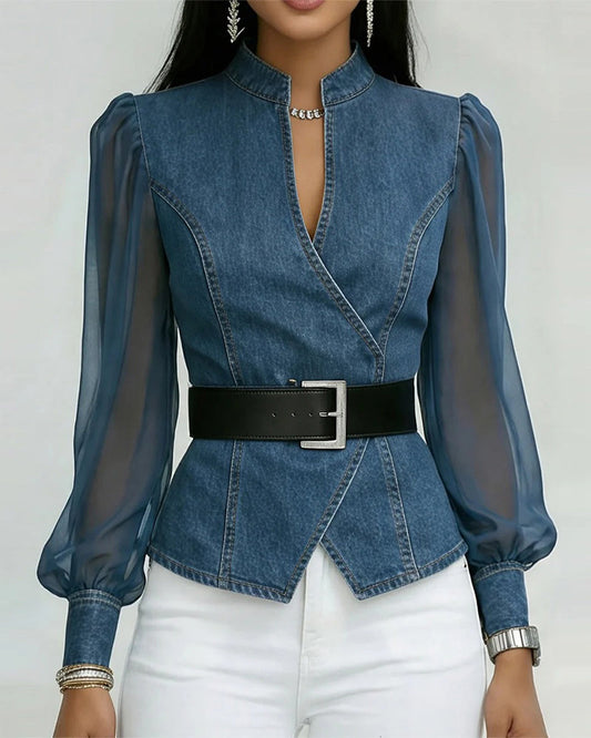 BLUSA ELEGANTE DE MALLA Y DENIM