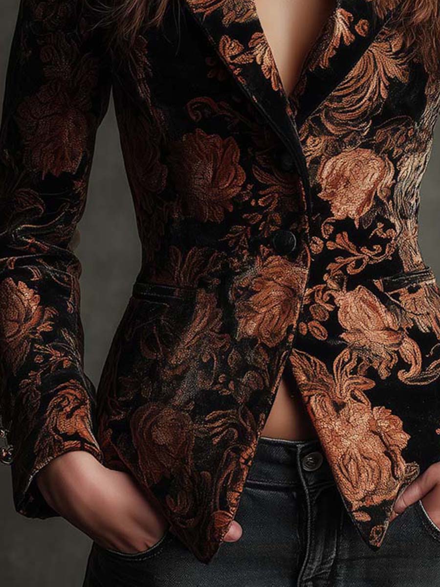 BERTILLE | BLAZER DE SASTRERÍA CON ESTAMPADO FLORAL NEGRO Y BRONCE